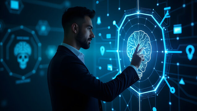 Businessman Interacting with AI Hologram and Data Analytics Dashboard