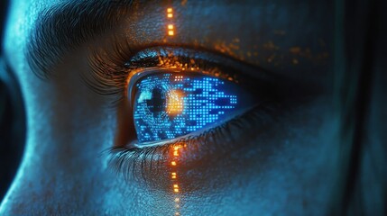 Futuristic Cyberpunk Eye with Facial Recognition Technology Digital Data Interface