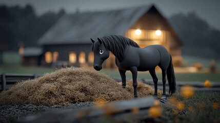 3D Cartoon Horse Hay Barn Farm Animal Rural Scene