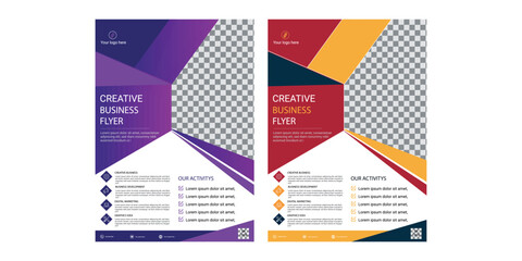 Business Flyer Template with Geometric Shapes and Bold Colors Featuring Purple and Red Backgrounds in Modern Abstract Corporate Design