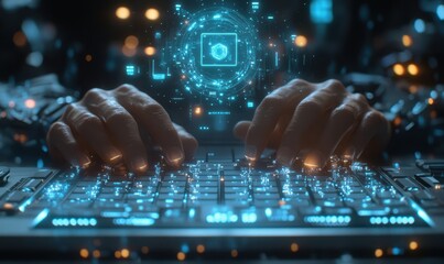 The hands of a data protection officer typing on a futuristic keyboard with holographic data privacy controls floating above, symbolizing the proactive measures taken