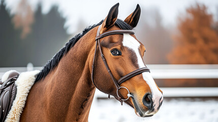 Fototapeta premium Majestic Chestnut Horse in Winter Wonderland