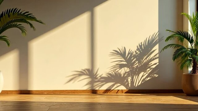 minimalist living space with palm plant, casting soft shadows on a clean wall, concept of interior design and home decor, zoom