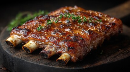 Delicious Grilled Pork Ribs with Thyme Close up Food Photography