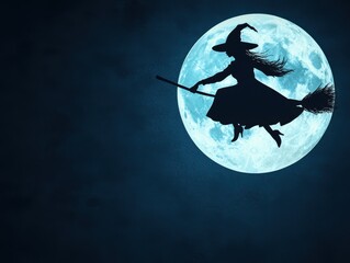 mysterious witch flying on her broomstick across glowing full moon in dark night sky