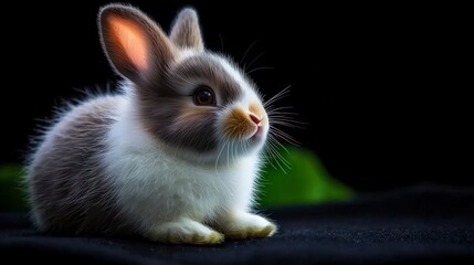 Adorable Fluffy Bunny Rabbit  Cute Pet  Grey White Fur  Dark Background   Animal Portrait