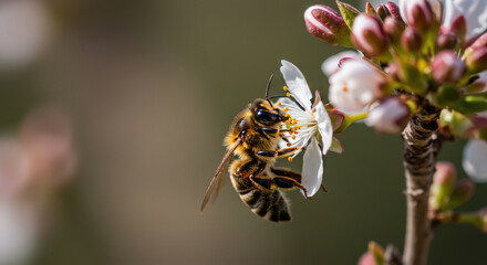 Bees pollinating flowers during vibrant spring season in nature