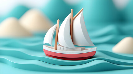 Red and White Sailboat on Teal Ocean with Green Hills