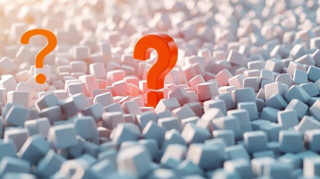 Question mark symbol emerging from a sea of small blocks representing uncertainty, inquiry, or search for answers in a conceptual design