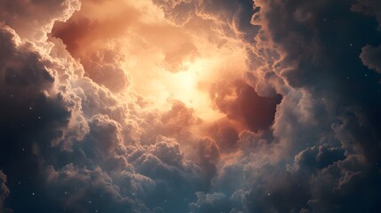 Fototapeta premium Dramatic Celestial Cloudscape Golden Light Breaks Through Dark Storm Clouds