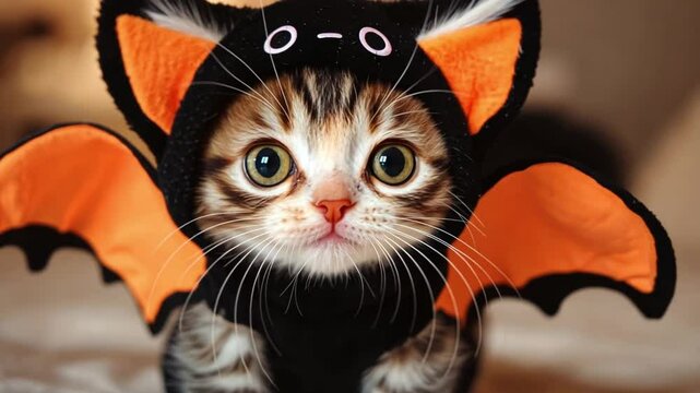 Adorable Sweet Kitten Dressed in Halloween Bat Costume with Orange Wings Captivatingly Posing on Soft Blanket, Perfect for Holiday Cheer and Fun Imagery