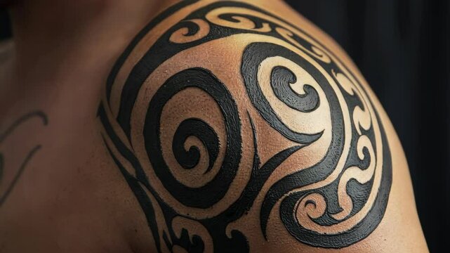 Intricate tribal tattoo design on a man's shoulder showcasing swirling patterns and deep black ink