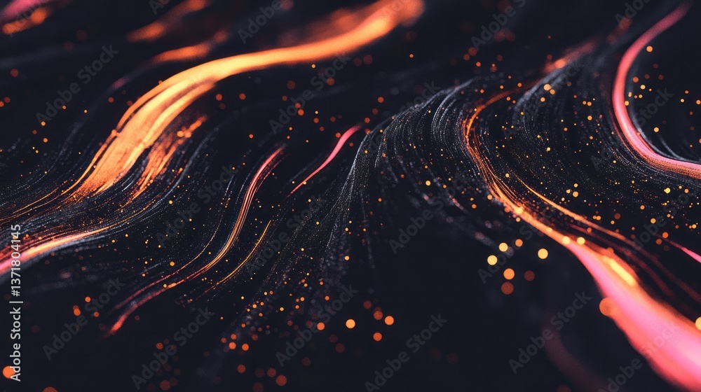 Poster abstract flowing lines with glowing particles on dark background