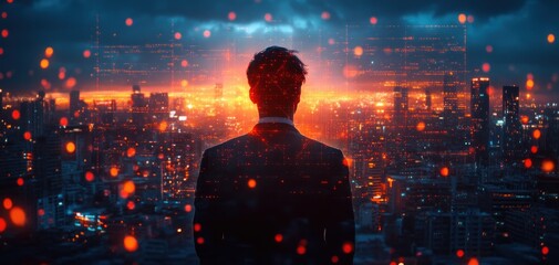 Double Exposure of Businesswoman with Smartphone and Telecommunication Tower in Smart City Landscape