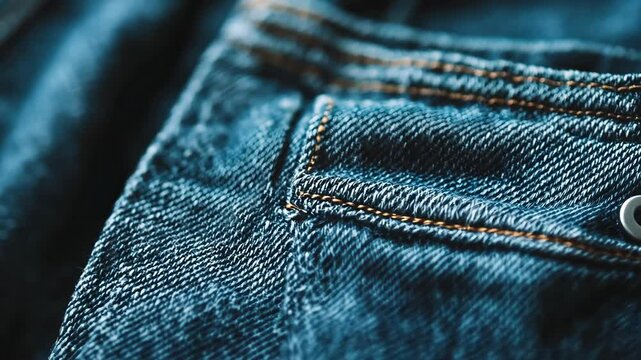 Close-up view of denim fabric revealing intricate stitching details and texture during daylight in a casual setting