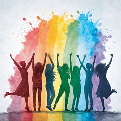 A vibrant watercolor painting of a diverse group of women joyfully for national decency day