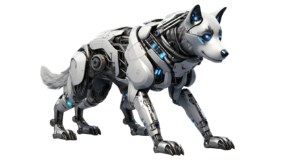 Robotic dog with glowing blue eyes