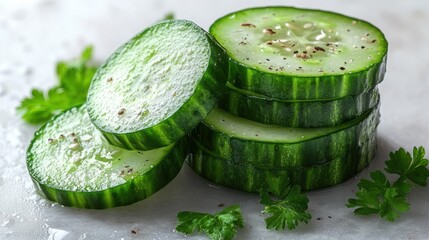 Fresh Sliced Cucumbers with Parsley Healthy Food Vegan Diet Closeup