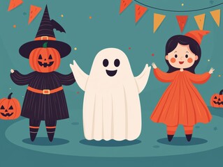 cheerful Halloween party scene with kids in costumes, including ghost, witch, and pumpkin, surrounded by festive decorations