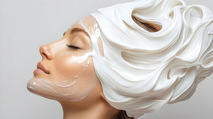Woman Applying a Creamy Hair Mask, Profile View, White Background