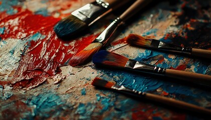 Obraz premium Paintbrushes Resting on a Colorful Palette of Oil Paints