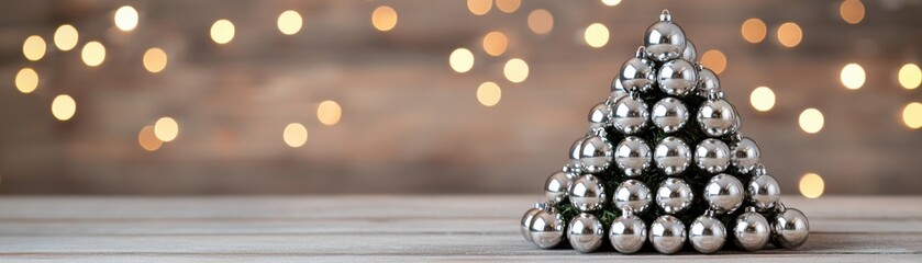 pyramid of shiny silver jingle bells arranged on wooden surface with warm bokeh lights in background