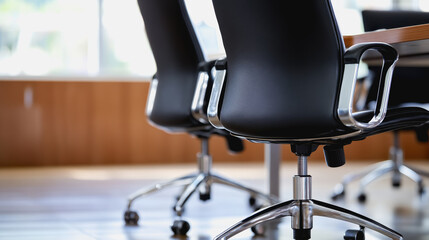 Modern desk chair with a wooden seat in a professional office setting where ideas are exchanged