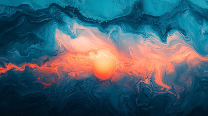 Abstract painting with swirling blue and orange hues and a central glowing orb creating a dreamlike effect.