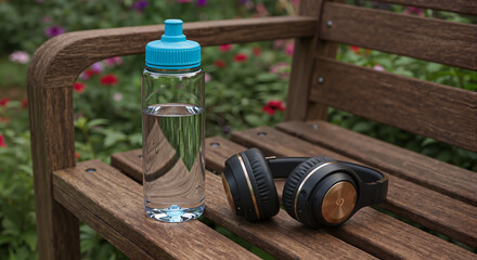Fototapeta premium Water bottle and headphones on wooden bench in garden
