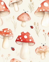 Watercolor patterns Seamless mushrooms and ladybugs. Watercolor Red Mushroom Seamless Pattern With Ladybugs