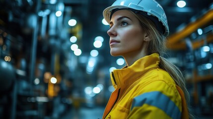 Smiling Industrial Worker in Safety Jacket and Hard Hat in Factory Setting with Blurred Machinery and Welding Sparks