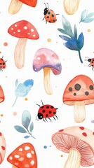 Obraz premium Watercolor patterns Seamless mushrooms and ladybugs. Watercolor Seamless Pattern Featuring Red And Pink Mushrooms Ladybugs And Leaves
