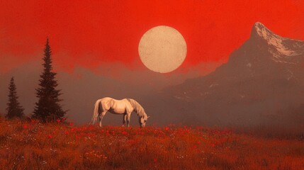 Fototapeta premium Majestic Horse in Alpine Meadow Sunset Serene Nature Scene
