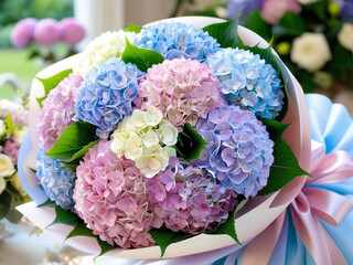 The delicate petals of hydrangeas are gathered into a large, rounded cluster, creating a gentle and romantic feel to the bouquet.