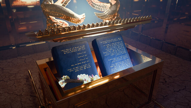 The Ark of the Covenant opened showing the Ten Commandments written in ancient Hebrew, with rod of Aaron. 3d rendering religious illustration.