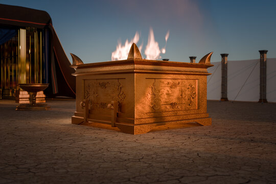 The brazen Altar of Burnt Offering or sacrifice described in the book of Moses. Exodus, Old Testament. 3d rendering biblical illustration.