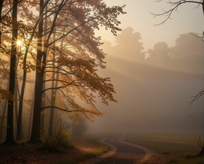 Obraz premium A serene autumn landscape with misty woods, golden sunlight filtering through trees, and a winding path leading into the distance.