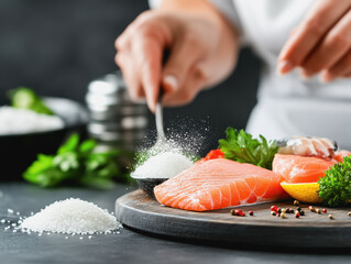 Chef sprinkling sea salt generously over a salmon fillet on a wooden board with bright natural light