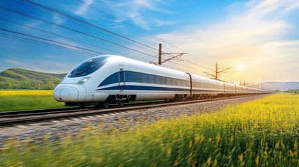 Fototapeta premium High-Speed Rail Journey Through Sunlit Fields