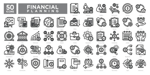 Financial planning icon collection set, including budgeting, investment, analytics, income management, and strategy. Perfect for financial reports, infographics, and business planning .