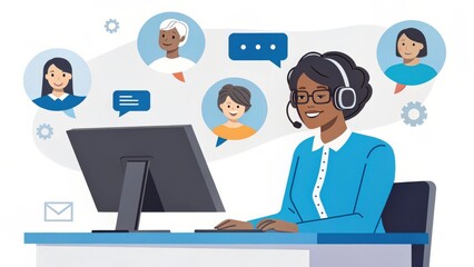 financial inclusion credit access accessibility concept. Customer service representative engages with clients through a computer, illustrated with chat icons.