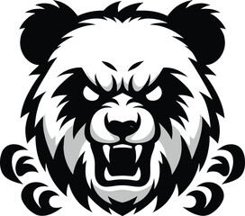 a black and white panda bear head with a big mouth