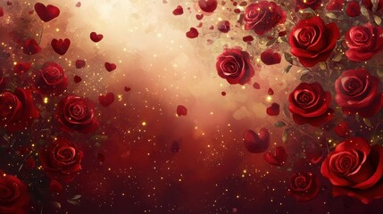 Elegant watercolor background featuring a cascade of deep red roses with delicate petals, golden sparkles, and a soft romantic glow, perfect for Valentine Day.