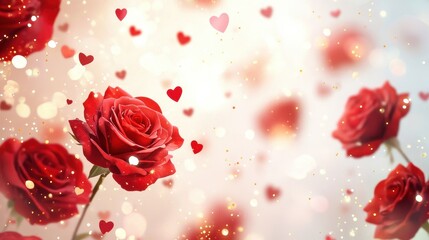 Obraz premium Elegant watercolor background featuring a cascade of deep red roses with delicate petals, golden sparkles, and a soft romantic glow, perfect for Valentine Day.