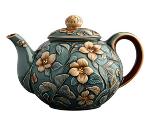 handcrafted ceramic teapot featuring intricate floral patterns, showcasing beautiful blend of colors and textures. Perfect for tea lovers and collectors