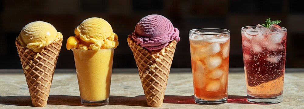 Three colorful ice cream cones with refreshing summer drinks on a sunny day