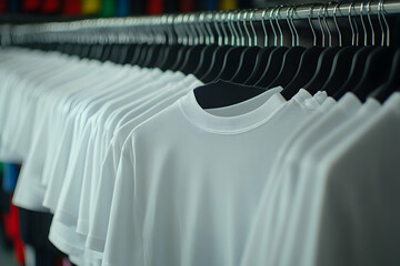 Fototapeta premium Display of neatly arranged white t-shirts on hangers in a vibrant clothing store