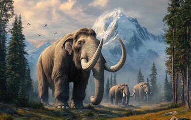 Obraz premium Three Woolly Mammoths in a Prehistoric Forest with Snow-Capped Mountains