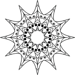 Black and white symmetrical sunburst pattern with radiating lines and dots forming a circular center. Thin, evenly spaced lines create a starburst effect. Minimalist design with geometric symmetry