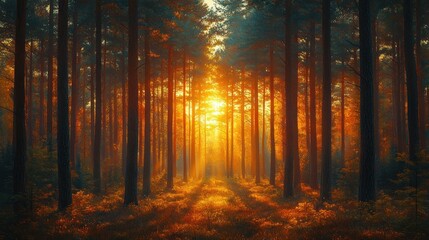 Obraz premium Serene Pine Forest with Sunlight Glade and Brook in Springtime